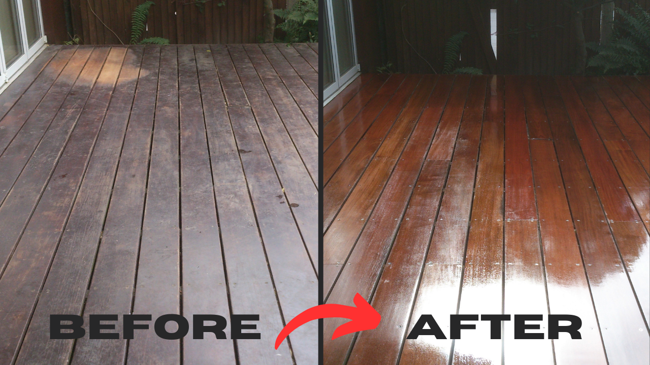 Side-by-side before-and-after comparison of deck sanding on a timber patio in East Barnet, showing dull, weather-worn boards transformed into a rich, glossy finish.