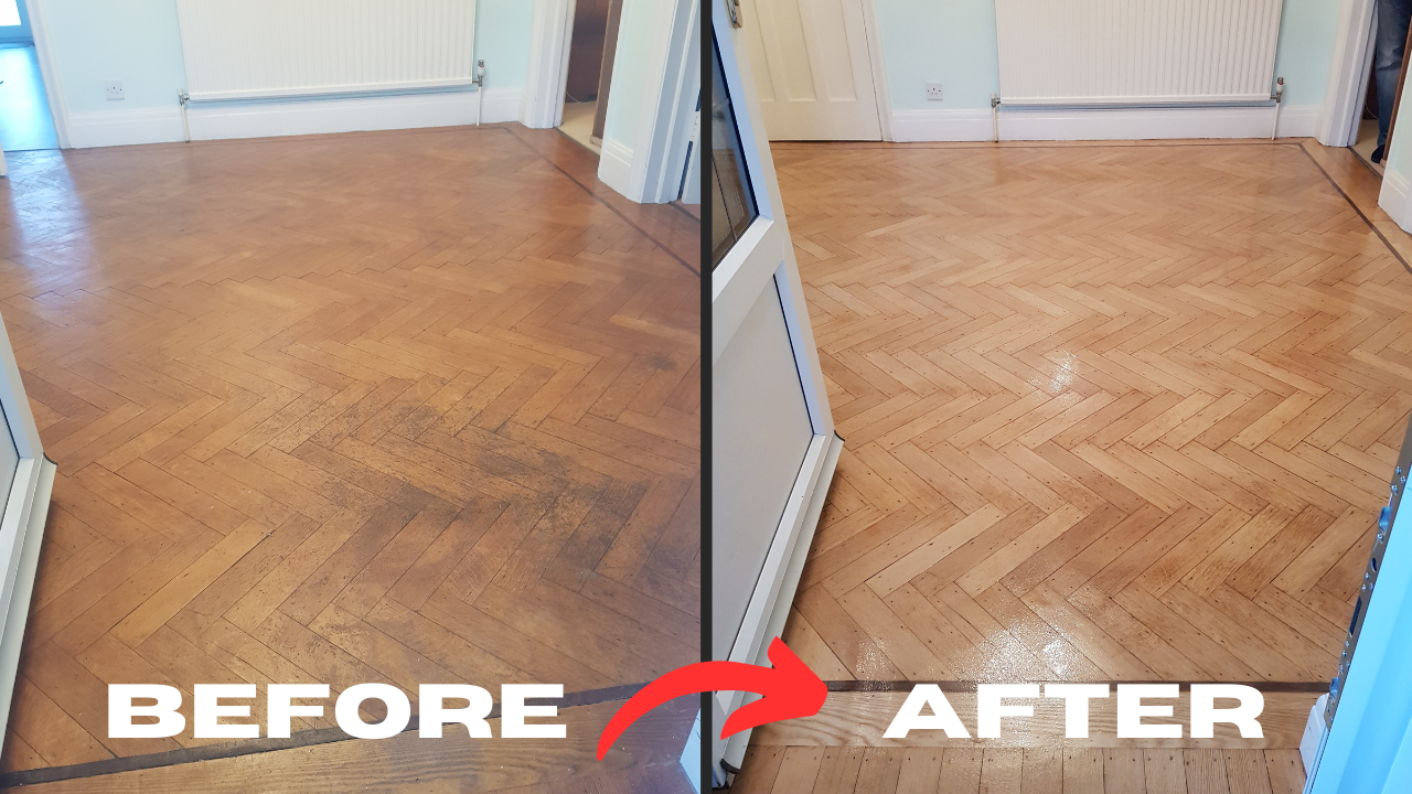 Before-and-after of an oak herringbone parquet wood floor following Herringbone Parquet Sanding in East Barnet, transforming a dull, scuffed surface to a smooth, sealed finish.