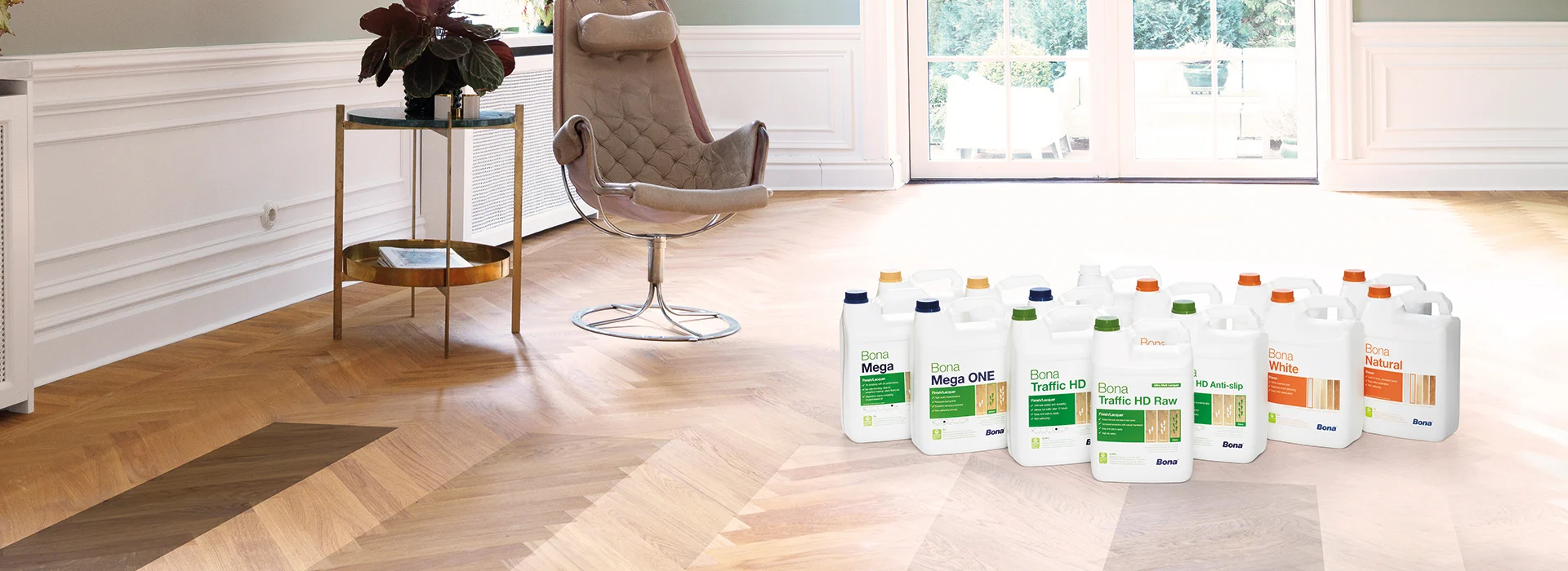 Range of Bona professional finishes displayed on an oak herringbone parquet floor after Herringbone Parquet Sanding in East Barnet, showing natural and durable results.