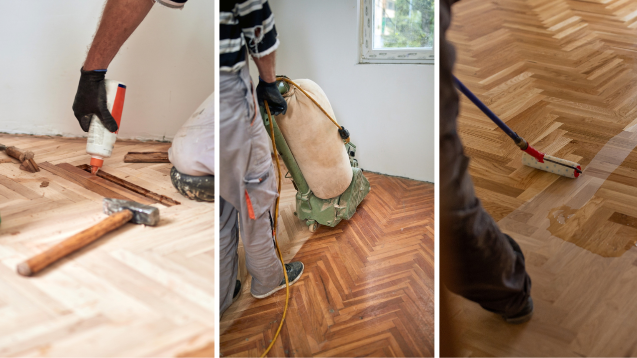 Three stages of oak herringbone parquet floor restoration — block repair, sanding, and sealing during Herringbone Parquet Sanding in East Barnet.