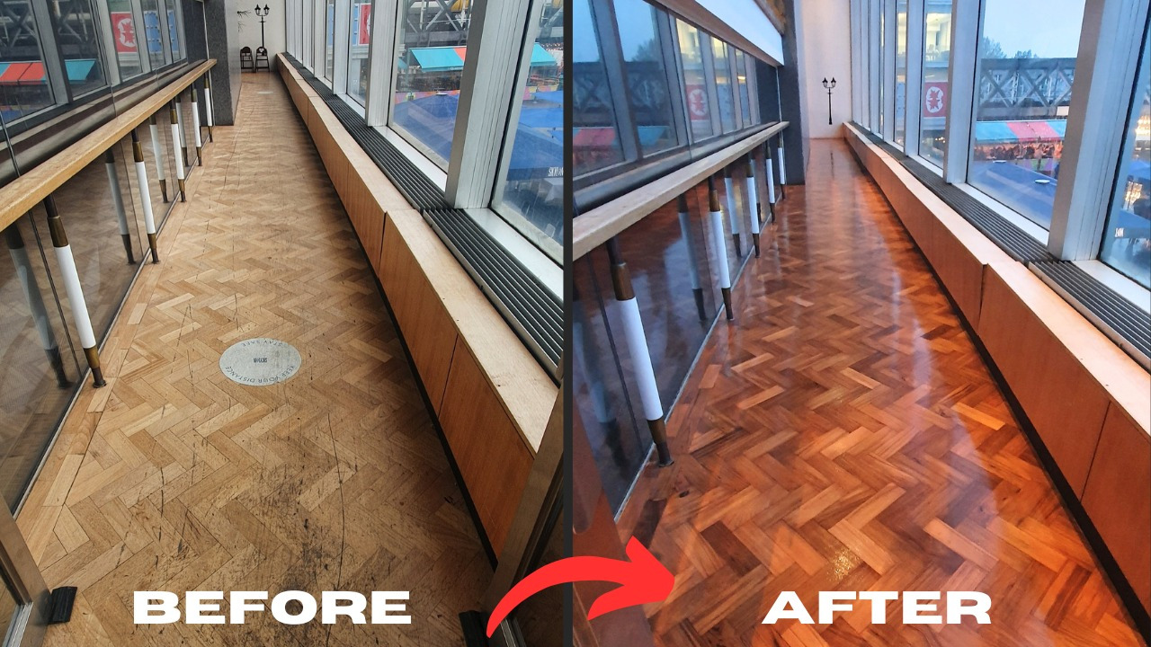 Wood Floor Sanding in eastbarnet showing an oak herringbone parquet corridor before and after restoration, transforming a dull, scratched surface into a rich, glossy finish.