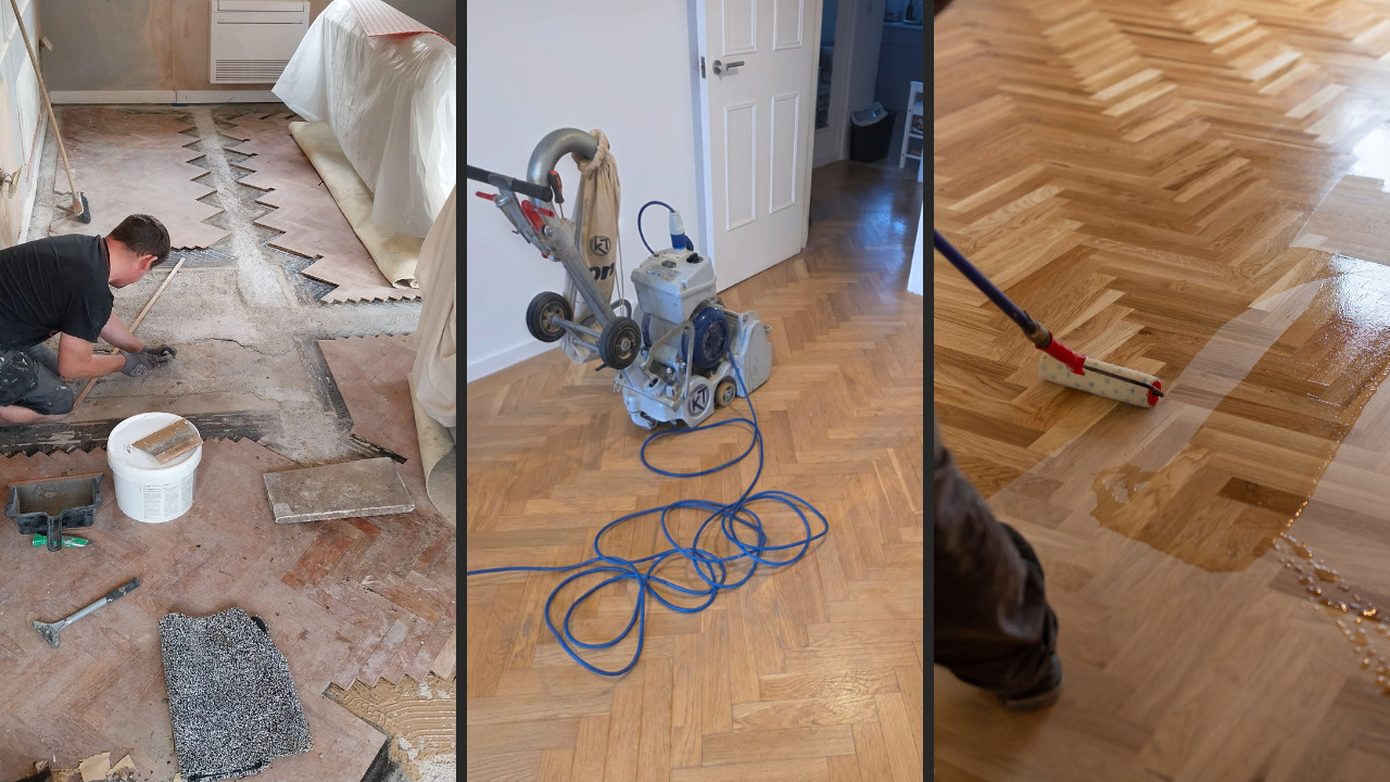 Wood Floor Sanding in eastbarnet showing the stages of restoring an oak herringbone parquet floor, from damaged blocks repair to sanding and fresh lacquer application.