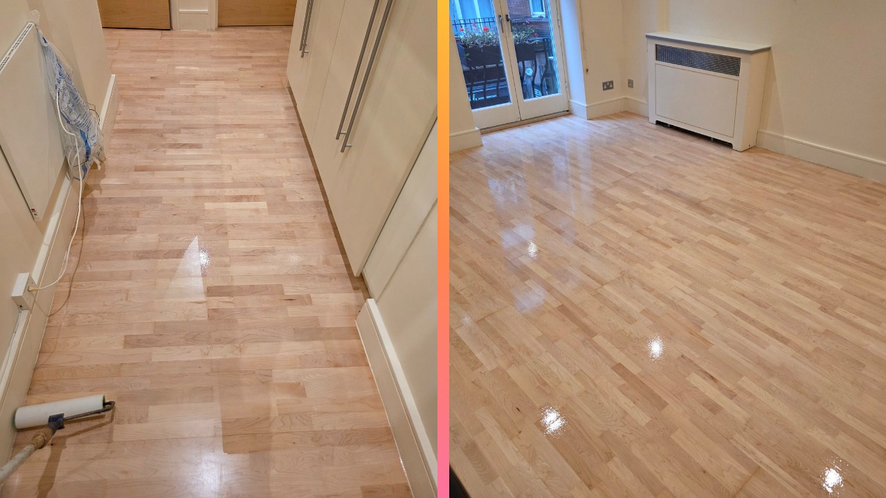 Hardwood Floor Sanding in eastbarnet on a maple engineered wood floor, showing a freshly sanded hallway and a transformed, glossy living room finish.