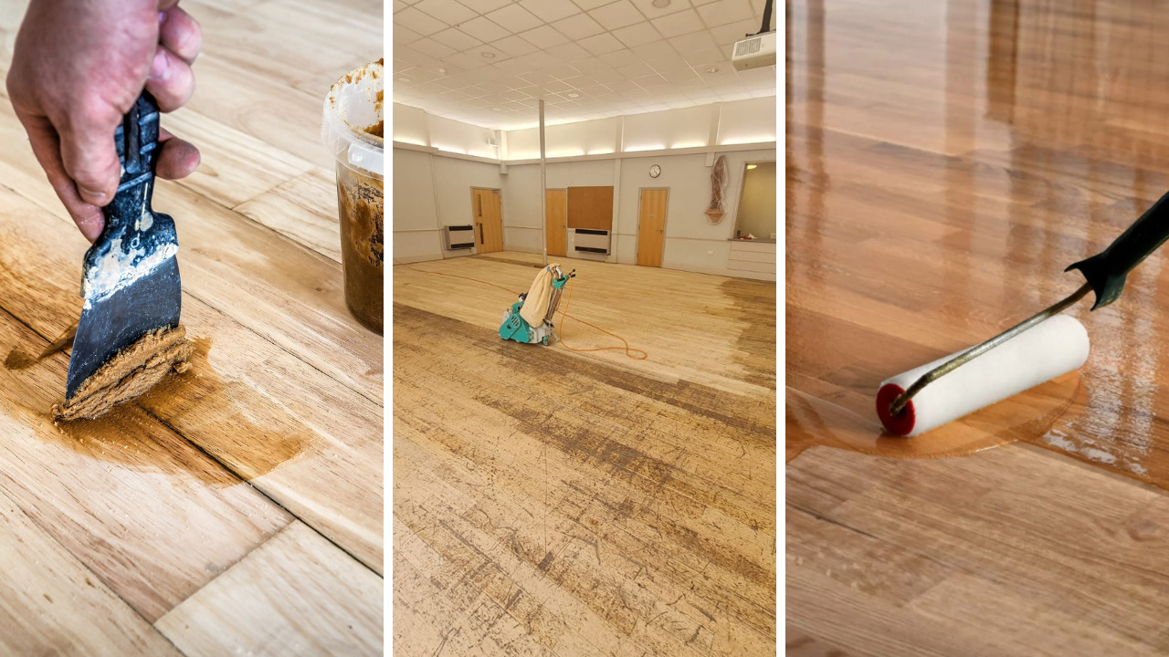 Hardwood Floor Sanding in eastbarnet on an oak strip hardwood hall floor, showing gap filling, machine sanding and lacquer application stages.