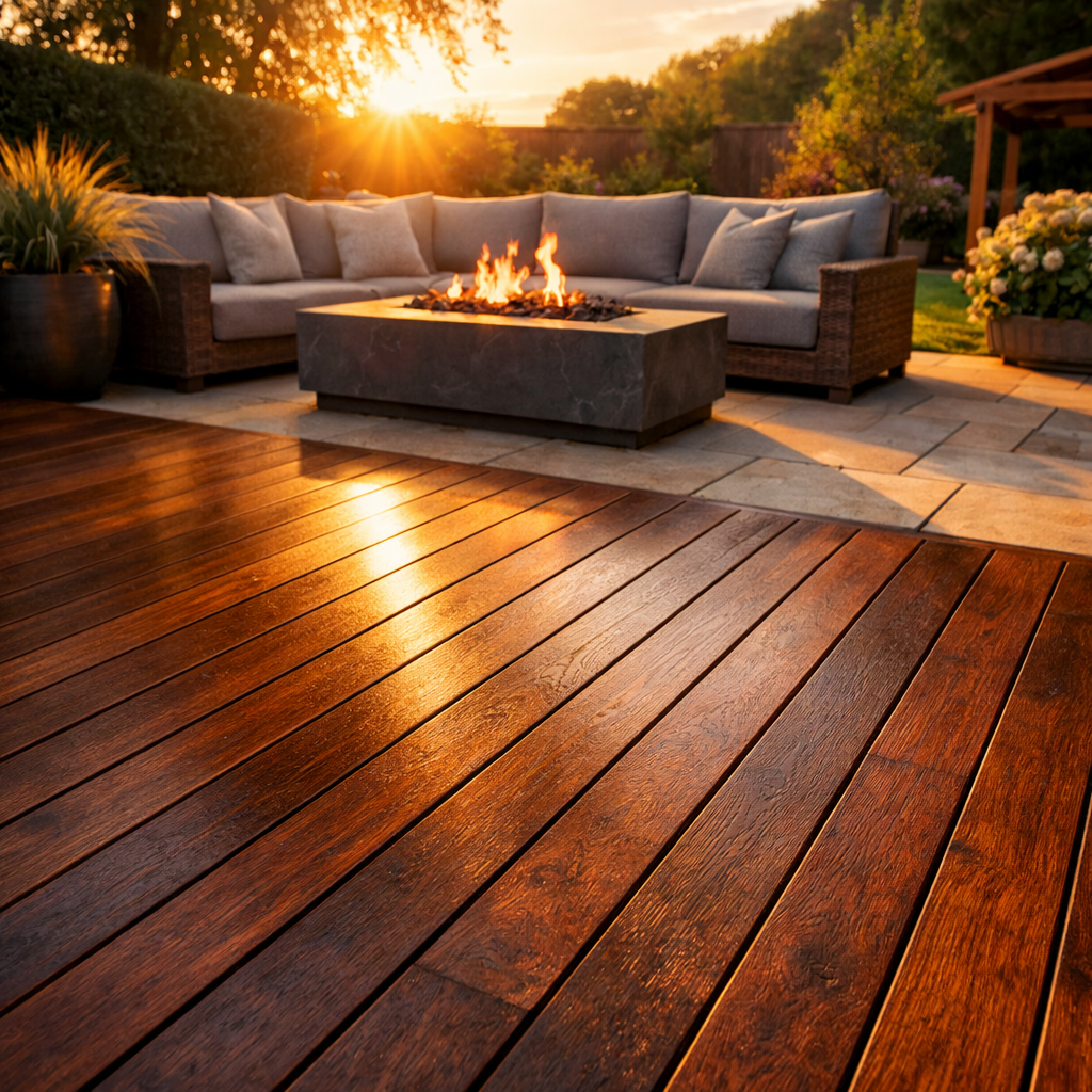 Garden Decking Restoration East Barnet Restored garden decking in East Barnet with a rich deep brown oil finish.