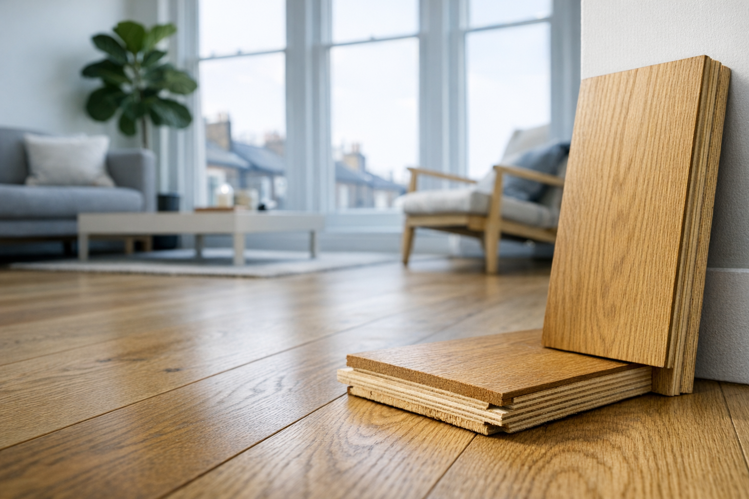 Engineered oak wide-plank floor with Osmo Hardwax Oil matt finish in a contemporary London apartment showing the multi-layer board construction and natural grain