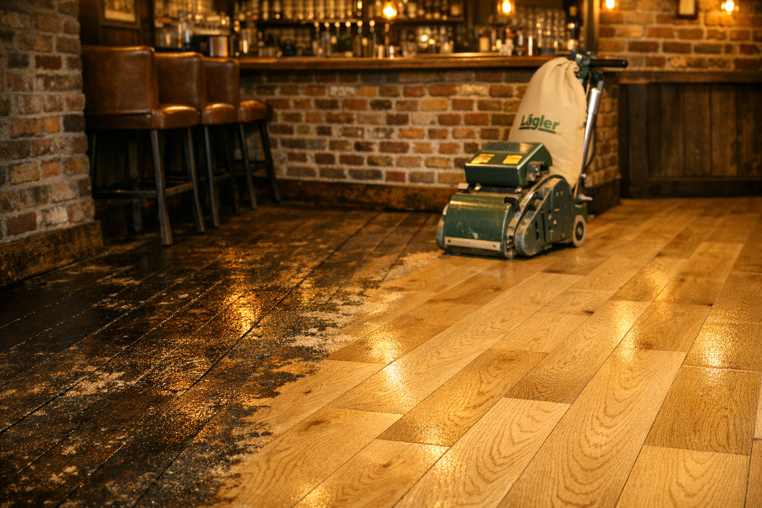Pub and Restaurant Floor Sanding East Barnet Oak Planks Professional pub floor sanding in a traditional East Barnet gastropub showing freshly restored wide oak plank floorboards with Bona Traffic HD lacquer finish and a Lagler Hummel sander