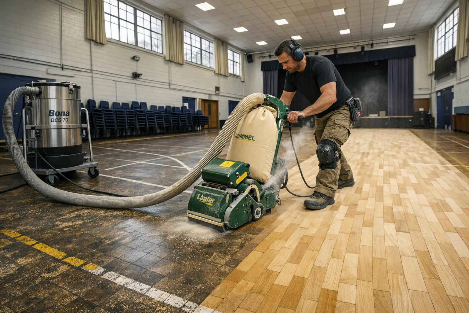 Professional tradesman sanding a Granwood composite block floor in a UK school assembly hall using a Lagler Hummel drum sander with Bona dust extraction