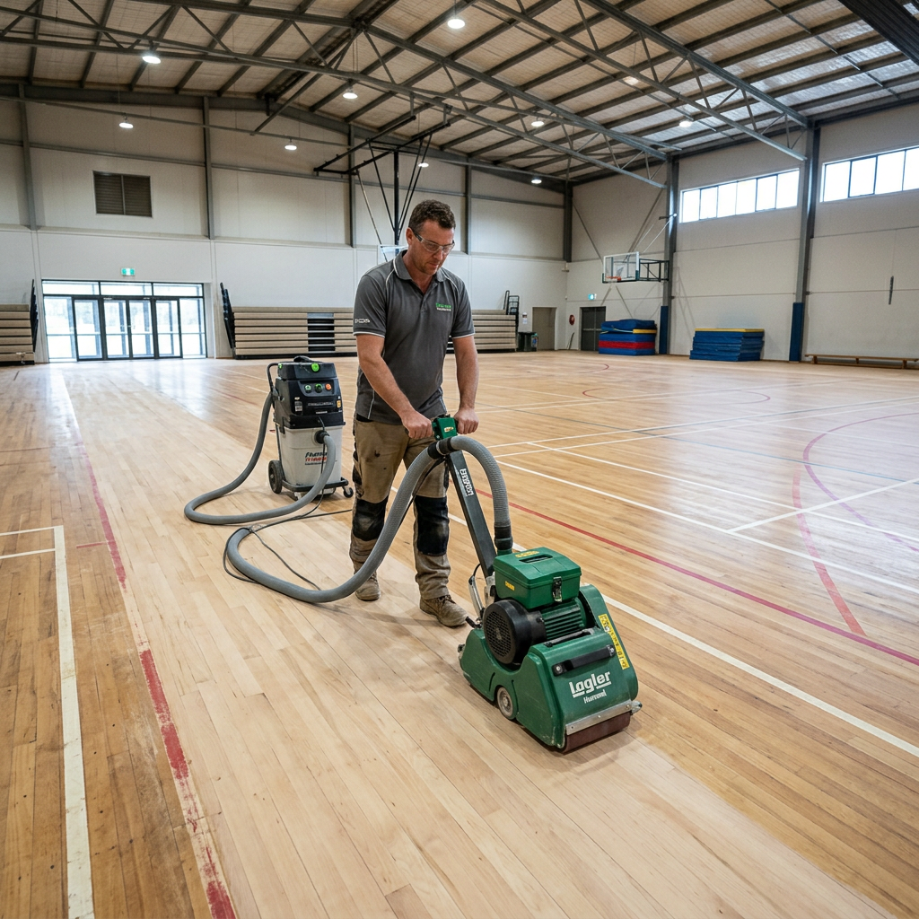 Tradesman sanding a commercial maple sports hall floor in East Barnet using a Lagler Hummel.