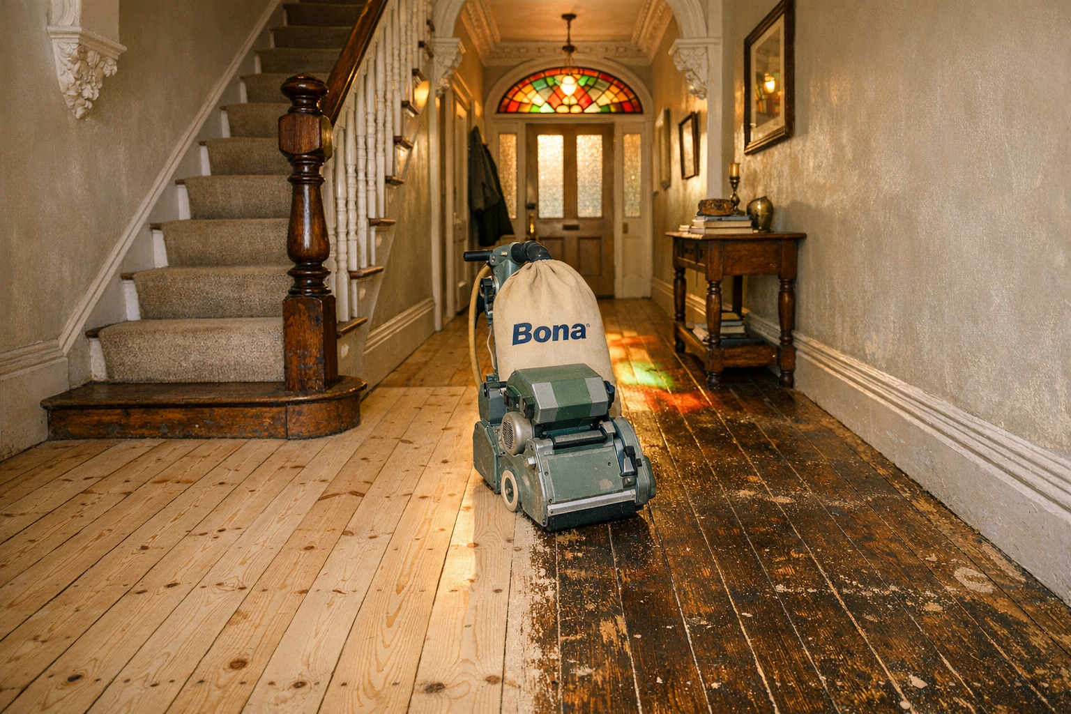Victorian pine floorboard restoration in progress in a period East Barnet townhouse hallway, showing freshly sanded pine alongside original dark varnish with a Bona belt sander