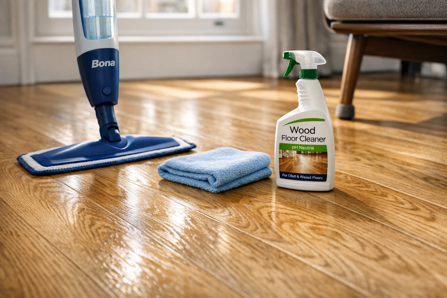 Freshly oiled oak hardwood floor in a contemporary London living room with aftercare products including a Bona spray mop and microfibre cloth for ongoing maintenance
