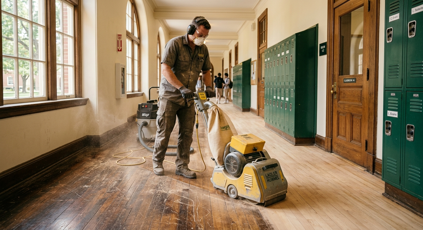 Professional contractor performing dust-free school floor sanding in a boarding school corridor in East Barnet EN4.