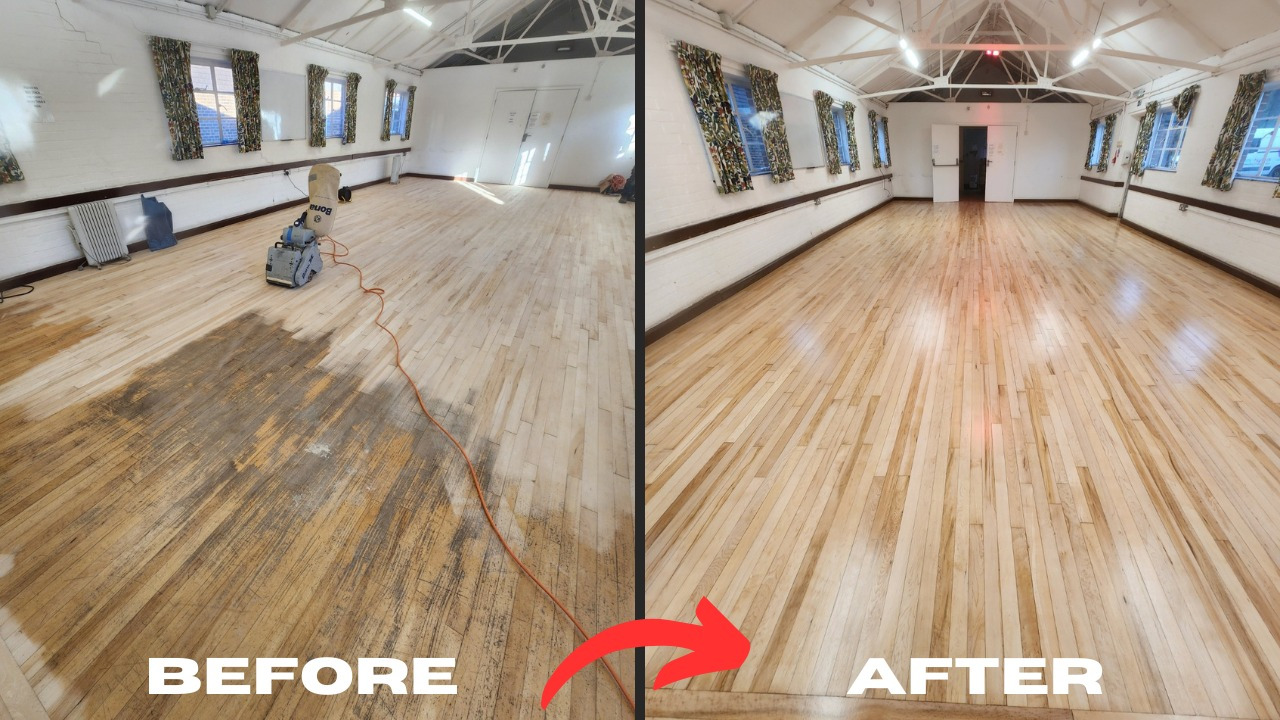 Before and after comparison of school floor restoration and sanding in an East Barnet EN4 school hall.
