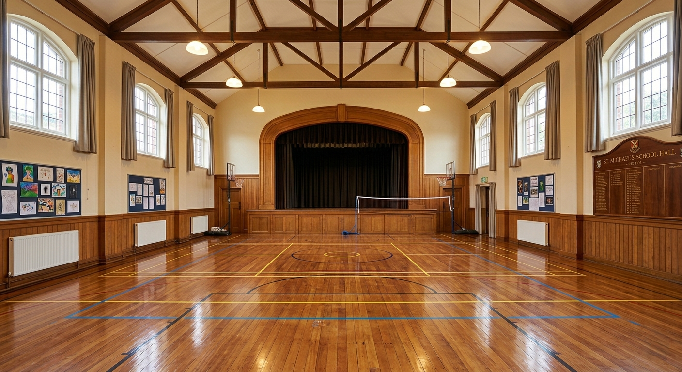 A beautifully restored school hall with polished wooden flooring and clear sports court markings in an East Barnet EN4 educational facility.