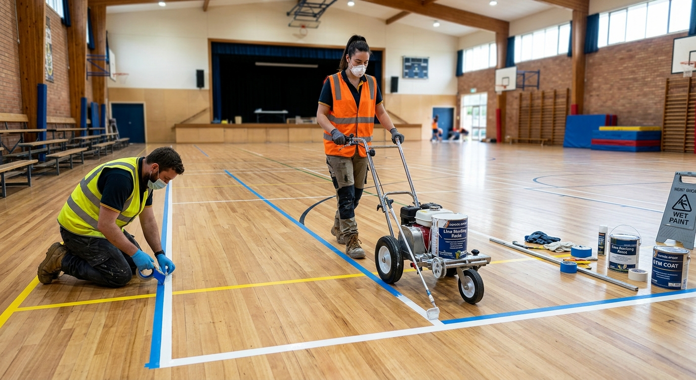 Professional School Hall Line Marking Services in East Barnet EN4 Professional contractors performing precise school hall line marking and wood floor maintenance in an East Barnet EN4 school gymnasium.